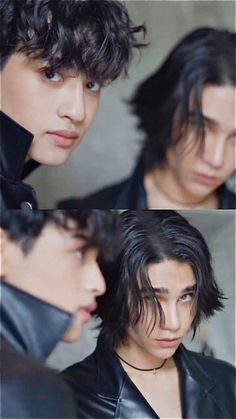 three different shots of a young man with dark hair and black leather jacket looking at the camera