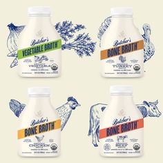 four bottles of butcher's bone broth are shown in this image, with the labels on them