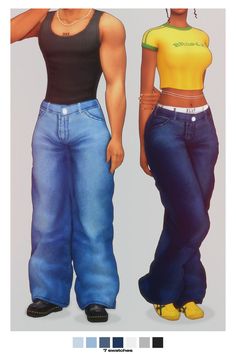 an image of two people standing next to each other wearing jeans and tank top tops