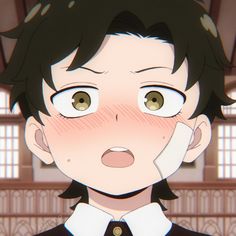 an anime character with green eyes and brown hair, wearing a black shirt and white collar