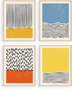 four abstract paintings in different colors and patterns on white paper, each with an individual's hand drawn line design