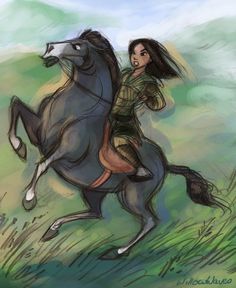 a drawing of a woman riding on the back of a horse in a grassy field