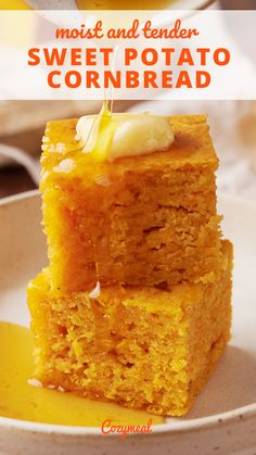 two pieces of sweet potato cornbread on a plate