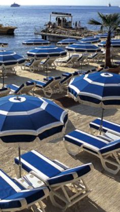 many lawn chairs and umbrellas on the beach