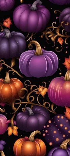 a bunch of purple and orange pumpkins on a black background with gold swirls