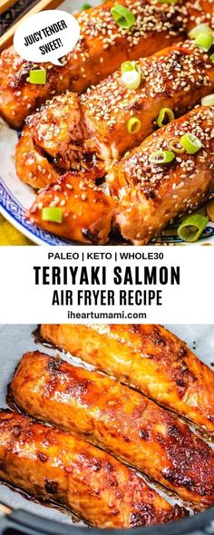 teriyaki salmon air fryer recipe with text overlay