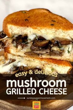 the mushroom grilled cheese sandwich is cut in half on a plate with text overlay