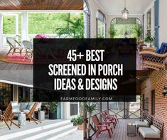 the porch is covered in wood and has lots of chairs on it with text overlay that reads, 45 best screened in porch ideas & designs