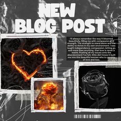 an advertisement for a new blog post with pictures of roses and a heart on fire