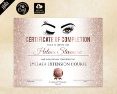 a certificate with an image of a woman's eyes and lashes on the front