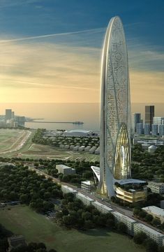 an artist's rendering of a tall building in the middle of a large city