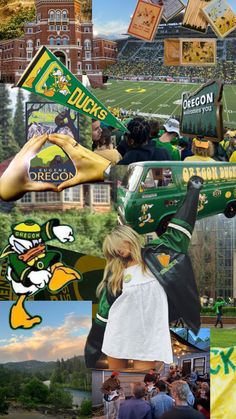 collage of photos with green and yellow sports team colors, including the logo for oregon state university