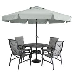 an outdoor table with four chairs and an umbrella over it, on a white background