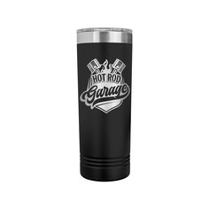 a black tumbler cup with the words hot rod garage on it's side