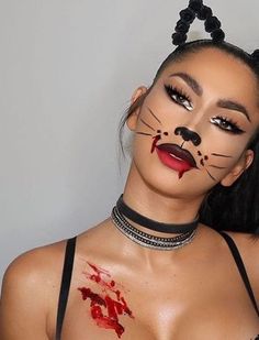 Holloween Makeup Cat, Scary Cat Halloween Makeup, Scary Cat Makeup, Easy Cat Makeup Halloween, Purim Makeup, Fete Emo, Diy Fantasia, Maquillage Halloween Simple