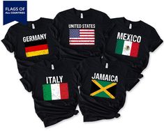 three t - shirts with the flags of different countries on them, all printed in black