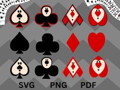 playing cards with hearts, spades and diamonds on the sides in different colors are shown