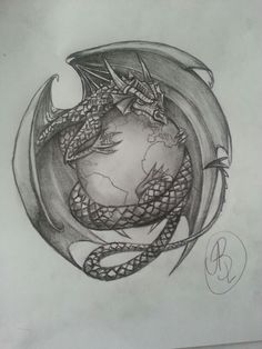 a pencil drawing of a dragon on top of a globe