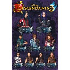 the cast of disney's descendantss poster with their names and characters on it