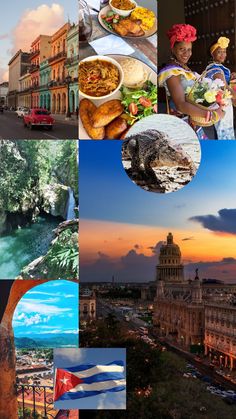 the collage shows many different things in this photo, including buildings and trees with flags on them