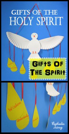 a paper plate bird hanging from strings with the words gifts of the spirit on it