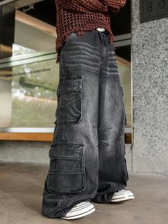 Men's Black Denim Casual Workwear Baggy Jeans With Multiple Pockets And Wide Legs Cargo Jeans, For Husband, Boyfriend Gifts Black    Denim Plain Wide Leg Non-Stretch  Men Clothing, size features are:Bust: ,Length: ,Sleeve Length: Street Wear Pants Men, Y2k Men Pants, Baggy Jeans For Boys, Denim Fashion For Men, Male Alternative Fashion, Baggy Black Jeans Outfit, Baggy Jeans Outfit Ideas, Mens Baggy Jeans, Super Baggy Jeans