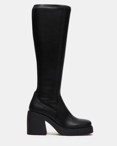 BERKLEIGH Black Wide Calf Knee High Boot | Women's Platform Boots Wide Calf Knee High Boots, Paint It Black, Steve Madden Store, Fall 2024 Fashion, Apparel Merchandising, Platform Block Heels, Leather Socks, Knee Boot, Wide Calf