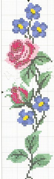 a cross stitch pattern with blue and pink flowers on the bottom half of it,