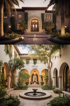 two pictures of the front and side of a building with trees in it, one is lit up at night