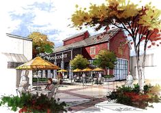 an artist's rendering of the outside of a building with tables and umbrellas