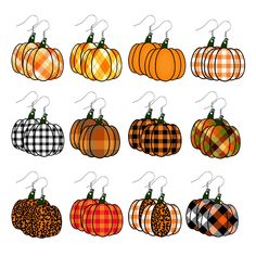 pumpkins with plaid patterns are hanging from hooks on a white background, set of twelve