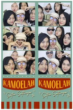 a group of women posing for a photo booth with the words kamoelah komelah on it