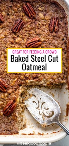 baked steel cut oatmeal in a baking dish with a spoon