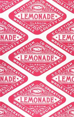 the lemonade label is shown in red and white on a pink background, as well as