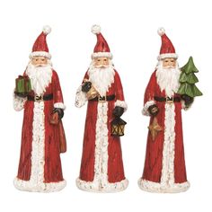 three red and white santa claus figurines with bells on their heads, one holding a christmas tree