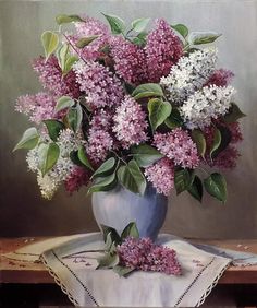 a painting of lilacs in a vase on a table