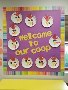 a welcome to our coop sign with paper plates