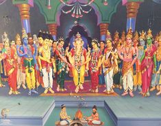 an oil painting on canvas of deities and men in front of a stage with lights