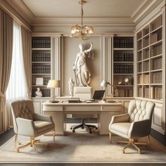 an office with two chairs and a desk in front of a bookcase filled with books