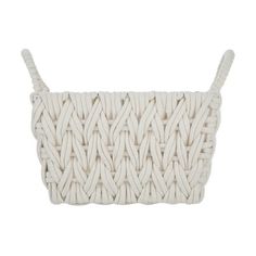 a white woven basket with handles on the top and bottom, in front of a white background