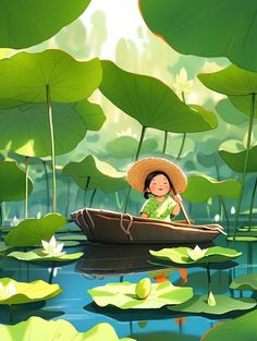 a woman in a boat floating on top of water surrounded by lily pads and green leaves