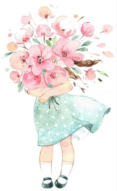 a watercolor painting of a girl with flowers on her head and the words jolieun aniveresaire