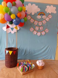 a birthday party with balloons and decorations