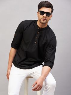 Vastramay Men's Black Short Cotton Kurta Casual Black Kurta For Summer, Casual Black Festive Kurta, Black Straight Kurta For Casual Wear, Traditional Black Summer Kurta, Black Traditional Summer Kurta, Casual Black Straight Kurta, Black Straight Kurta For Summer, Fitted Black Kurta For Summer, Kurta Ideas