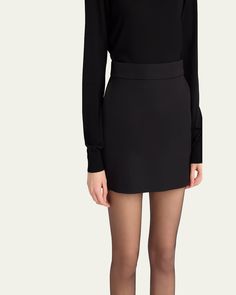 THE ROW "Anouk" sculptural doublefaced worsted wool skirt    Banded waist    Mini length    Pencil silhouette    Side slash pockets    Wool    Silk lining    Made in Italy Pencil Silhouette, Wool Skirt, Wool Skirts, Bergdorf Goodman, Skirt Outfits, Cute Dresses, The Row, Dress Skirt, Tops Designs