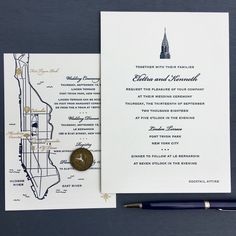 a wedding card with a map and a coin