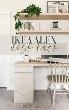 a desk and chair with the words ikea alex des st hack on it in gold lettering