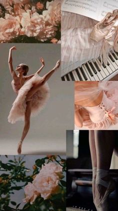 a collage of ballet images with pink flowers and an old piano in the background