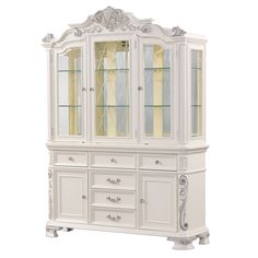 a white china cabinet with glass doors on the top and drawers below it, against a white background