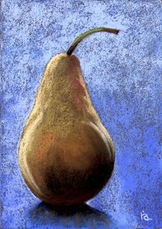 a painting of a pear on a blue background with the tip still attached to it